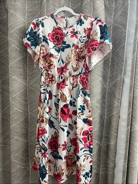 Floral Midi Dress in White with Pink & Teal Accents